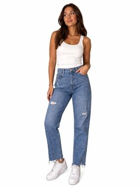 Zara Women's Blue Denim Distressed Four Button Frayed High Rise Jeans Size 6